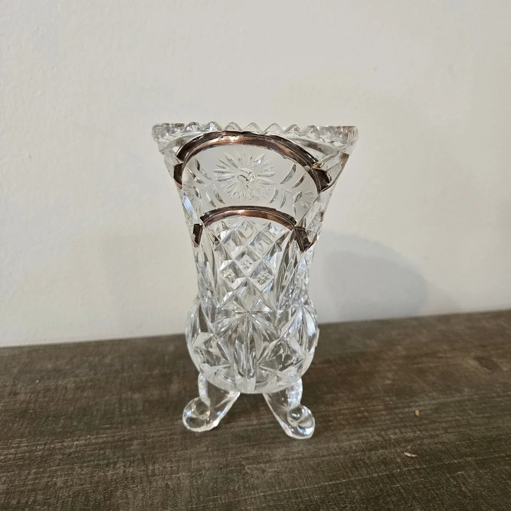 Vintage Cut Glass Tripod Footed Vase Gold Trim Scalloped Rim Floral DiamondClear